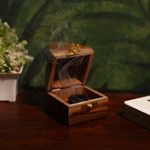 INUS Handcrafted Wooden Pyramid Incense Burner - Cone & Stick Holder with Brass Hardware, Traditional Dhoop Burner Box with Lid, Meditation Ash Catcher, Wedding Gift, Diwali Gift - 8x8x12cm