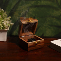 INUS Handcrafted Wooden Pyramid Incense Burner - Cone & Stick Holder with Brass Hardware, Traditional Dhoop Burner Box with Lid, Meditation Ash Catcher, Wedding Gift, Diwali Gift - 8x8x12cm