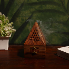 INUS Handcrafted Wooden Pyramid Incense Burner - Cone & Stick Holder with Brass Hardware, Traditional Dhoop Burner Box with Lid, Meditation Ash Catcher, Wedding Gift, Diwali Gift - 8x8x12cm