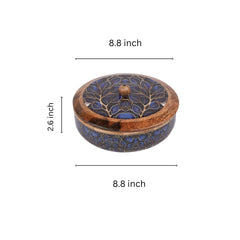 INUS Handcrafted Resin Wooden Enamel Coated Mango Wood Chapati Box Casserole, Bowl - Round Wooden Blue Leaf Design Natural Wood Decorative, Multipurpose for Kitchen & Dining - 22x 22x 7 cm