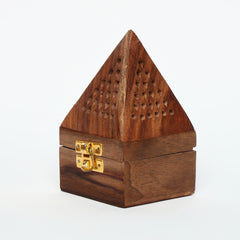INUS Handcrafted Wooden Pyramid Incense Burner - Cone & Stick Holder with Brass Hardware, Traditional Dhoop Burner Box with Lid, Meditation Ash Catcher, Wedding Gift, Diwali Gift - 8x8x12cm