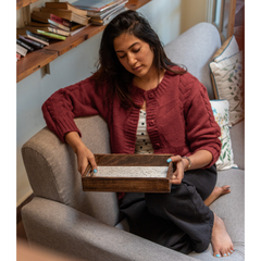 INUS Handcrafted Serving Tray Made of Mango Wood White Color Brass Fitted for Serving Coffee, Tea Cup, Snacks (Size 12"×8"×2.5" inch)