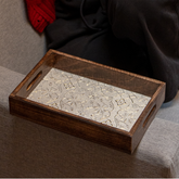 INUS Handcrafted Serving Tray Made of Mango Wood White Color Brass Fitted for Serving Coffee, Tea Cup, Snacks (Size 15"×8"×2.5" inch)