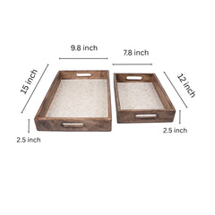 INUS Handcrafted Serving Tray Made of Mango Wood White Color Brass Fitted for Serving Coffee, Tea Cup, Snacks (Size 12"×8"×2.5" inch) PACK of 2