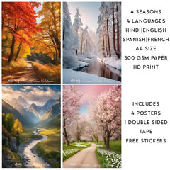 INUS Four seasons, English, Hindi, Spanish, French (Autumn, Summers, Winters, Spring) Wall Abstract Posters, A4 300GSM with Double Sided Tape and Free Stickers - (30 cm x 21 cm x 0.2 cm)(Pack of 4)