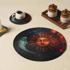 INUS 15" Reversible Cotton Dining Table Placemats & Coaster Washable Round Table Mat for Hot Pots, Plates & Pans Eco-Friendly Handmade Rib Style Pack of 6 (Tree Design)