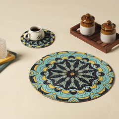 INUS 15" Reversible Cotton Dining Table Placemats & Coaster Washable Round Table Mat for Hot Pots, Plates & Pans Eco-Friendly Handmade Rib Style Pack of 1 (Abstract)
