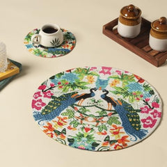 INUS 15" Reversible Cotton Dining Table Placemats & Coaster Washable Round Table Mat for Hot Pots, Plates & Pans Eco-Friendly Handmade Rib Style Pack of 1 (Floral)