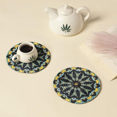 INUS 15" Reversible Cotton Dining Table Placemats & Coaster Washable Round Table Mat for Hot Pots, Plates & Pans Eco-Friendly Handmade Rib Style Pack of 4 (Abstract)