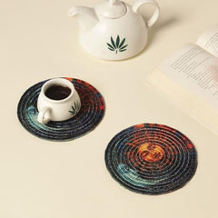 INUS Reversible Cotton Coasters 7" Round Washable & Water-Absorbent Tea Coaster Set of 6 for Dining Table, Cups & Hot Pots - Premium Finish, Water Absorbent, Table Decor Accessories (Tree Design)
