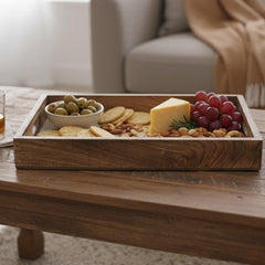 INUS Handcrafted Serving Tray Made of Mango Wood White Color Brass Fitted for Serving Coffee, Tea Cup, Snacks (Size 15"×8"×2.5" inch)