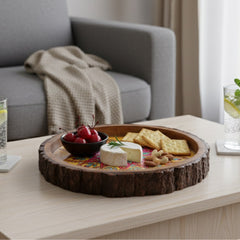 INUS Handcrafted Resin Wooden Enamel Coated Mango Wood Serving Tray - Round Wooden Yellow Mandala Design Natural Wood Decorative, Multipurpose Food Tray for Kitchen & Dining - 10 x 10x 1.5 Inch