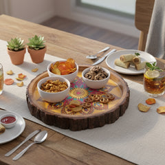 INUS Handcrafted Resin Wooden Enamel Coated Mango Wood Serving Tray - Round Wooden Yellow Mandala Design Natural Wood Decorative, Multipurpose Food Tray for Kitchen & Dining - 10 x 10x 1.5 Inch