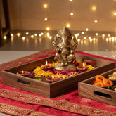 INUS Handcrafted Serving Tray Made of Mango Wood Brown Color Brass Fitted for Serving Coffee, Tea Cup, Snacks (Size 15"×8"×2.5" inch)