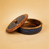 INUS Handcrafted Resin Wooden Enamel Coated Mango Wood Chapati Box Casserole, Bowl - Round Wooden Blue Leaf Design Natural Wood Decorative, Multipurpose for Kitchen & Dining - 8.8 x 8.8 x 2.6 Inch