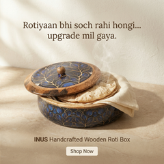 INUS Handcrafted Resin Wooden Enamel Coated Mango Wood Chapati Box Casserole, Bowl - Round Wooden Blue Leaf Design Natural Wood Decorative, Multipurpose for Kitchen & Dining - 8.8 x 8.8 x 2.6 Inch