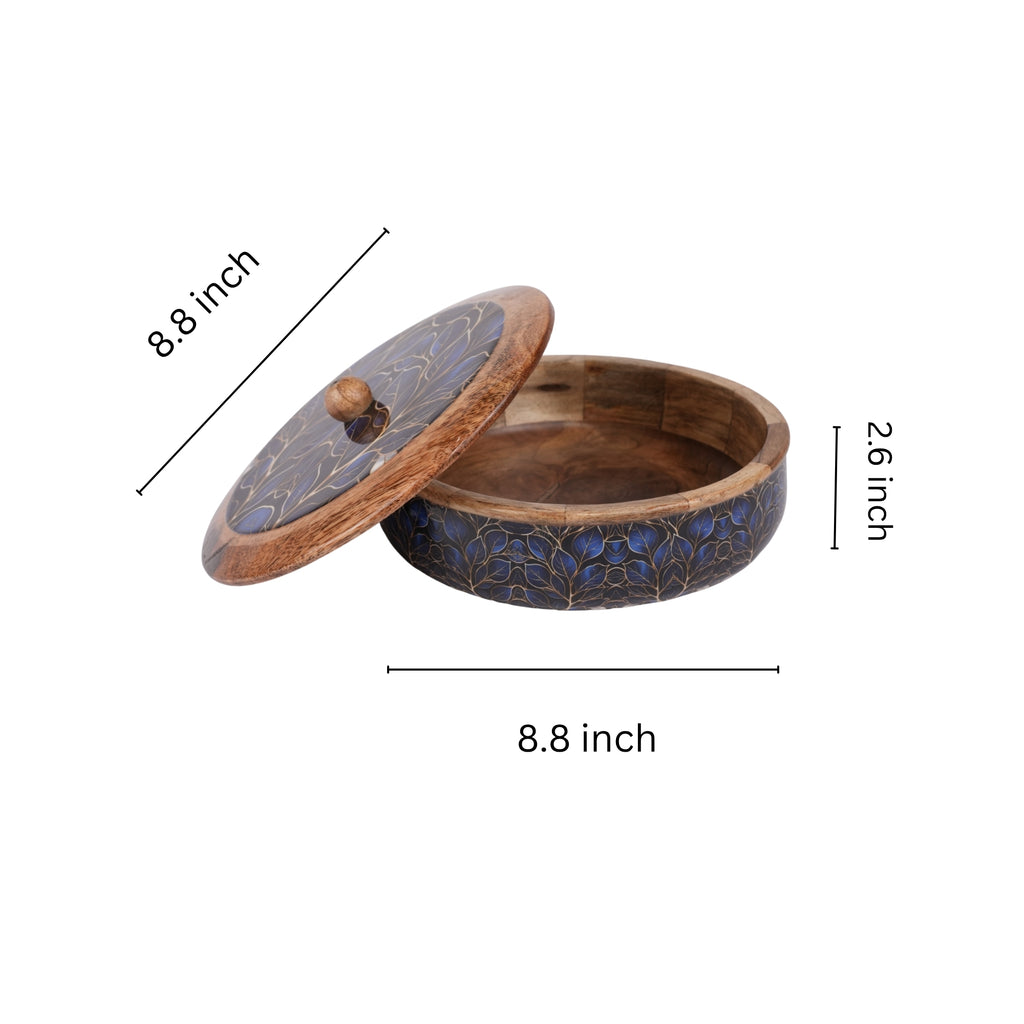 INUS Handcrafted Resin Wooden Enamel Coated Mango Wood Chapati Box Casserole, Bowl - Round Wooden Blue Leaf Design Natural Wood Decorative, Multipurpose for Kitchen & Dining - 8.8 x 8.8 x 2.6 Inch