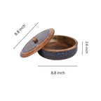 INUS Handcrafted Resin Wooden Enamel Coated Mango Wood Chapati Box Casserole, Bowl - Round Wooden Blue Leaf Design Natural Wood Decorative, Multipurpose for Kitchen & Dining - 8.8 x 8.8 x 2.6 Inch