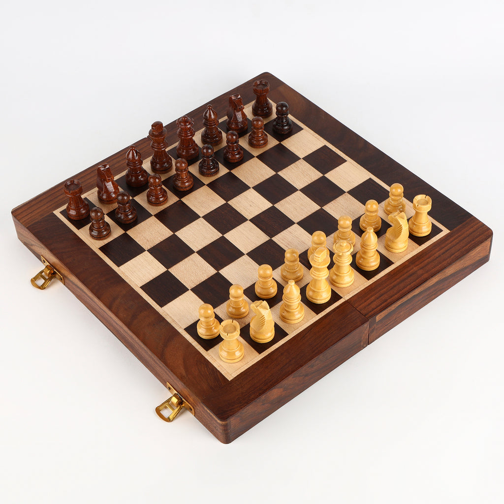 INUS Handcrafted Wooden Chess Set with Magnetic Board - Folding Storage Case, Premium Chess Pieces, Gift for Chess Lovers Adults & Kids - 10x10x3inch