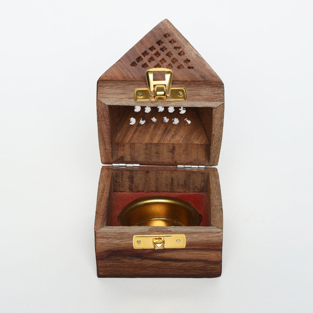 INUS Handcrafted Wooden Pyramid Incense Burner - Cone & Stick Holder with Brass Hardware, Traditional Dhoop Burner Box with Lid, Meditation Ash Catcher, Wedding Gift, Diwali Gift - 8x8x12cm