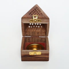 INUS Handcrafted Wooden Pyramid Incense Burner - Cone & Stick Holder with Brass Hardware, Traditional Dhoop Burner Box with Lid, Meditation Ash Catcher, Wedding Gift, Diwali Gift - 8x8x12cm