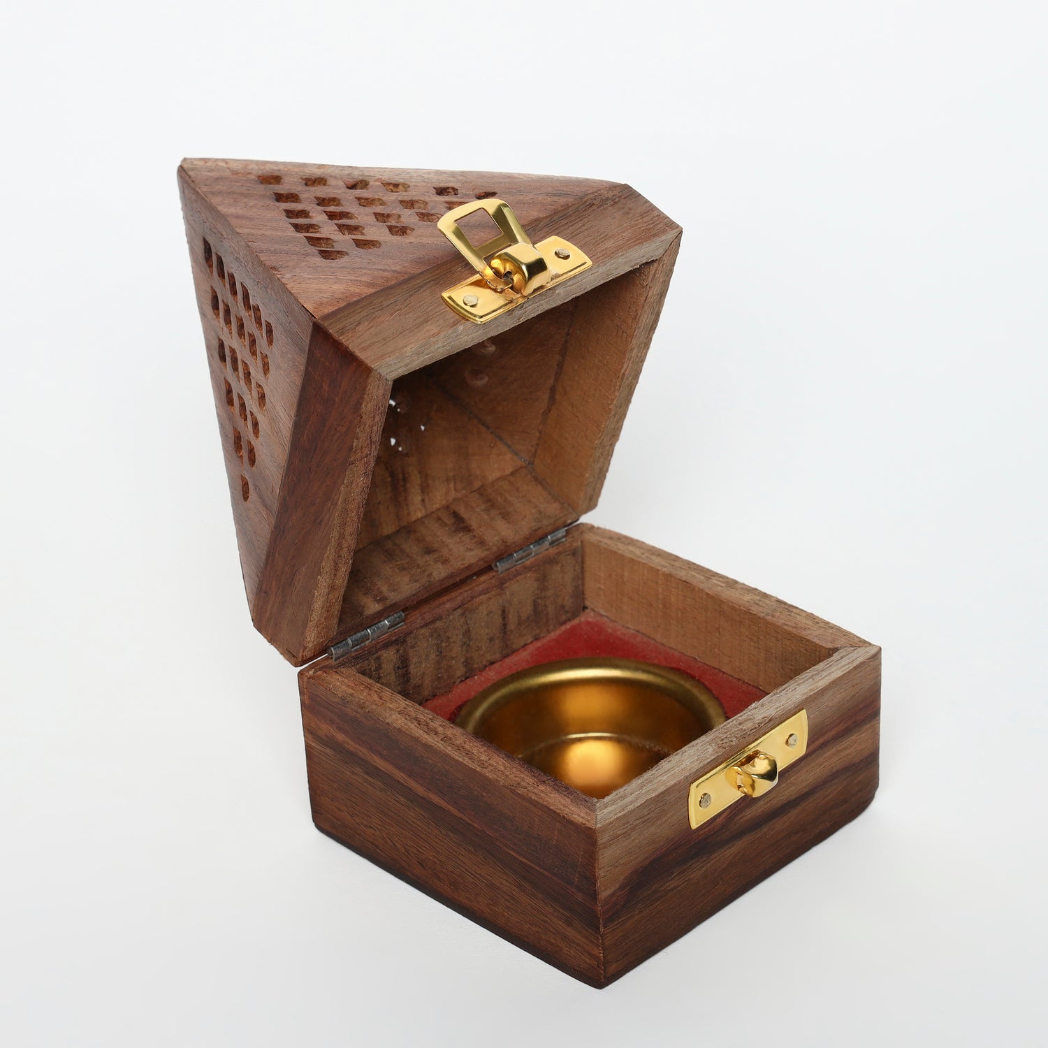 INUS Handcrafted Wooden Pyramid Incense Burner - Cone & Stick Holder with Brass Hardware, Traditional Dhoop Burner Box with Lid, Meditation Ash Catcher, Wedding Gift, Diwali Gift - 8x8x12cm