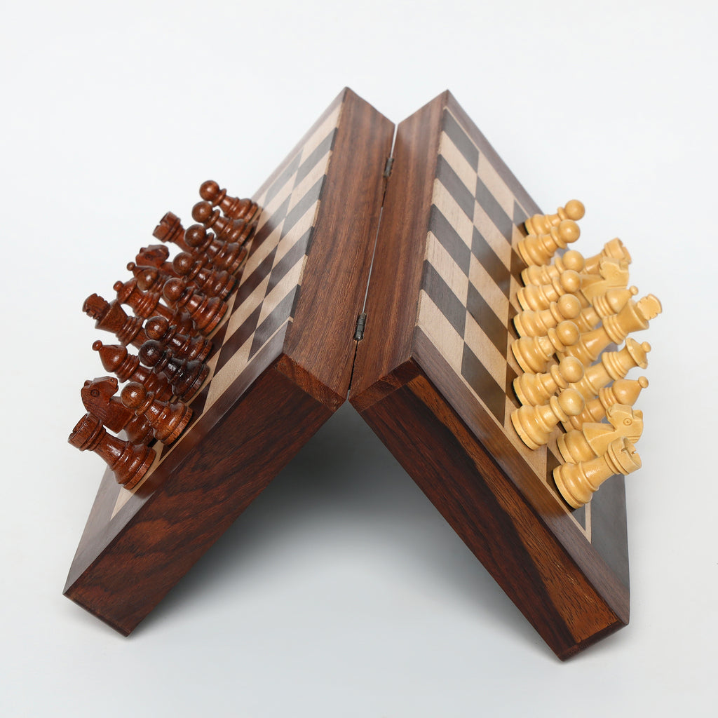 INUS Handcrafted Wooden Chess Set with Magnetic Board - Folding Storage Case, Premium Chess Pieces, Gift for Chess Lovers Adults & Kids - 10x10x3inch