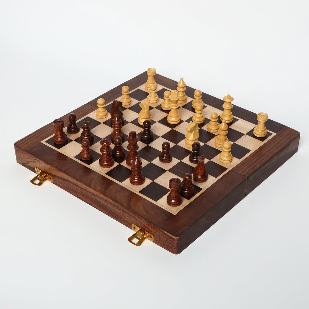 INUS Handcrafted Wooden Chess Set with Magnetic Board - Folding Storage Case, Premium Chess Pieces, Gift for Chess Lovers Adults & Kids - 10x10x3inch