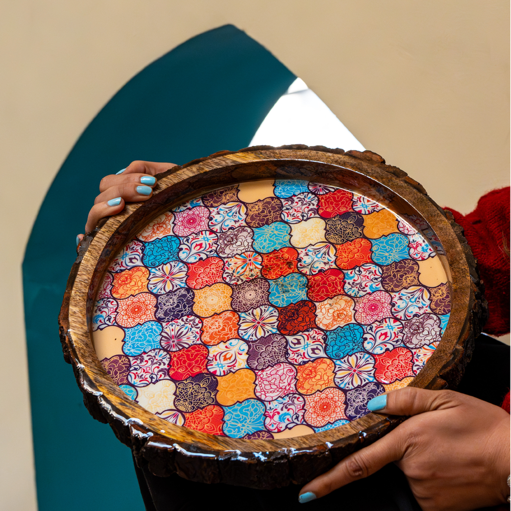 INUS Handcrafted Serving Tray Made of Mango Wood Brown Color Brass Fitted for Serving Coffee, Tea Cup, Snacks (Size 12"_8"_2.5" inch)
