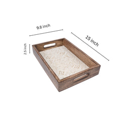 INUS Handcrafted Serving Tray Made of Mango Wood White Color Brass Fitted for Serving Coffee, Tea Cup, Snacks (Size 15"×8"×2.5" inch)