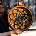 INUS Handcrafted Mango Wood Serving Tray - Round Wooden Floral Vine Design Natural Wood Food Tray for Kitchen & Dining - 12 x 12x 1.5 Inch