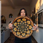 INUS Handcrafted Mango Wood Serving Tray - Round Wooden Floral Vine Design Natural Wood Food Tray for Kitchen & Dining - 12 x 12x 1.5 Inch