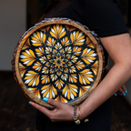INUS Handcrafted Mango Wood Serving Tray - Round Wooden Floral Vine Design Natural Wood Food Tray for Kitchen & Dining - 12 x 12x 1.5 Inch