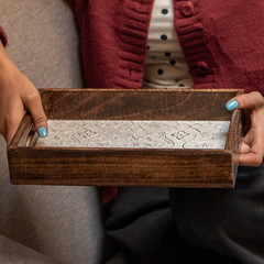 INUS Handcrafted Serving Tray Made of Mango Wood White Color Brass Fitted for Serving Coffee, Tea Cup, Snacks (Size 12"×8"×2.5" inch)