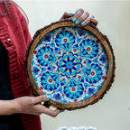 INUS Handcrafted Mango Wood Serving Tray - Round Wooden Floral Vine Design Natural Wood Food Tray for Kitchen & Dining - 10 x 10x 1.5 Inch