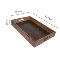 INUS Handcrafted Serving Tray Made of Mango Wood Brown Color Brass Fitted for Serving Coffee, Tea Cup, Snacks (Size 12"×8"×2.5" inch)
