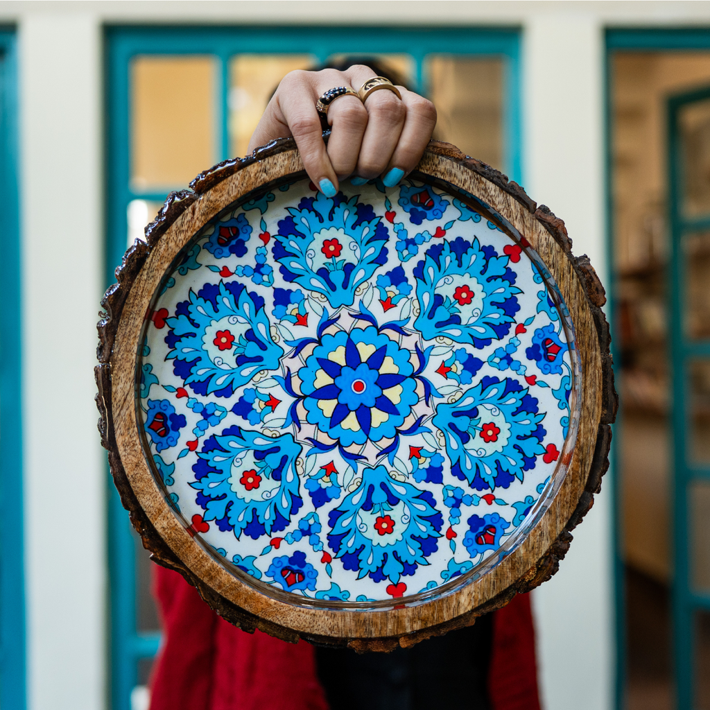 INUS Handcrafted Mango Wood Serving Tray - Round Wooden Floral Vine Design Natural Wood Food Tray for Kitchen & Dining - 10 x 10x 1.5 Inch