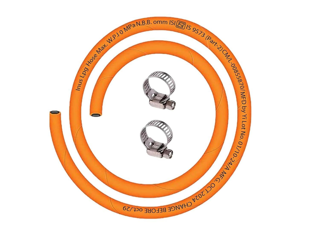 INUS Ready to Use Reinforced LPG Rubber Hose PipeLeak Proof, Made With Reinforced Steel Wire Flame Resistant Design Perfect for Gas Stove with Durable Clamp 1.5m