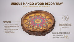 INUS Handcrafted Resin Wooden Enamel Coated Mango Wood Serving Tray - Round Wooden Yellow Mandala Design Natural Wood Decorative, Multipurpose Food Tray for Kitchen & Dining - 10 x 10x 1.5 Inch