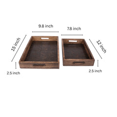 INUS Handcrafted Serving Tray Made of Mango Wood Brown Color Brass Fitted for Serving Coffee, Tea Cup, Snacks (Size 15"×8"×2.5" inch) PACK of 2