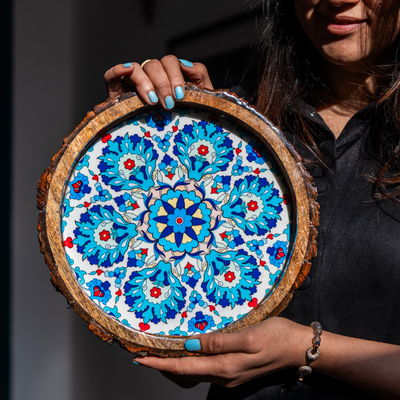 INUS Handcrafted Mango Wood Serving Tray - Round Wooden Floral Vine Design Natural Wood Food Tray for Kitchen & Dining - 10 x 10x 1.5 Inch