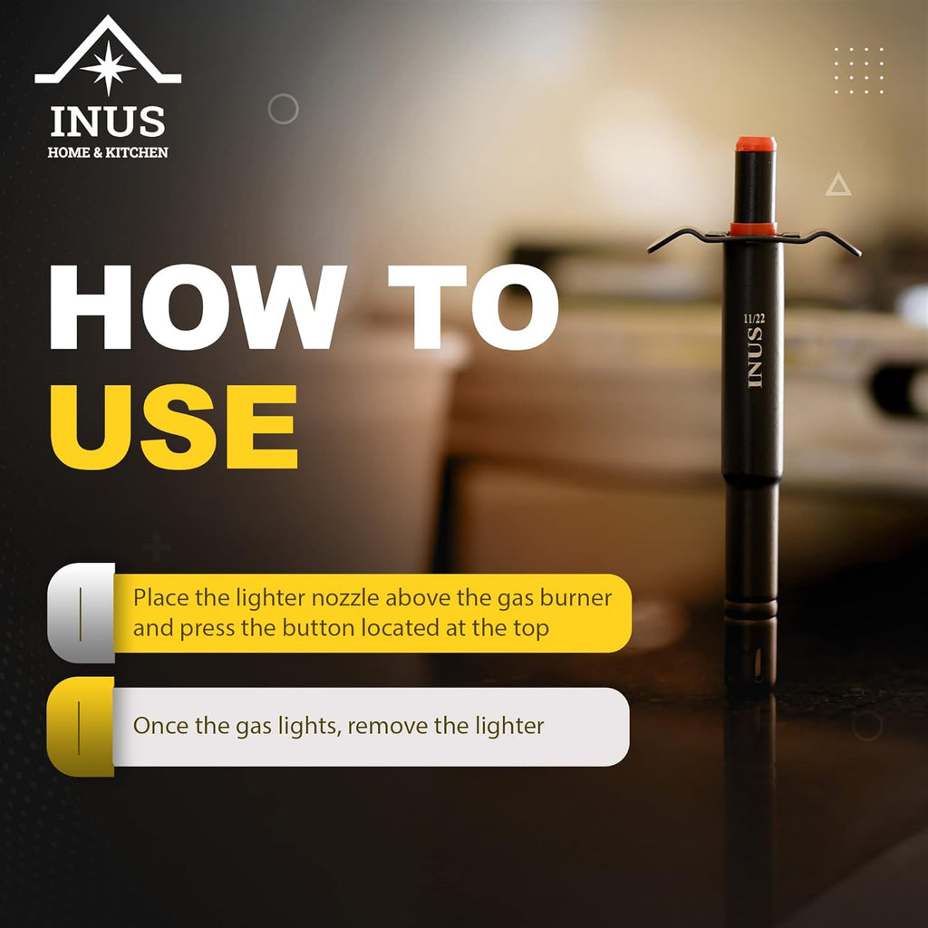 INUS Easy Grip Metal Regular Gas Lighters for Gas Stoves, Restaurants & Kitchen Use Small Pack of 2 (Color - Black )