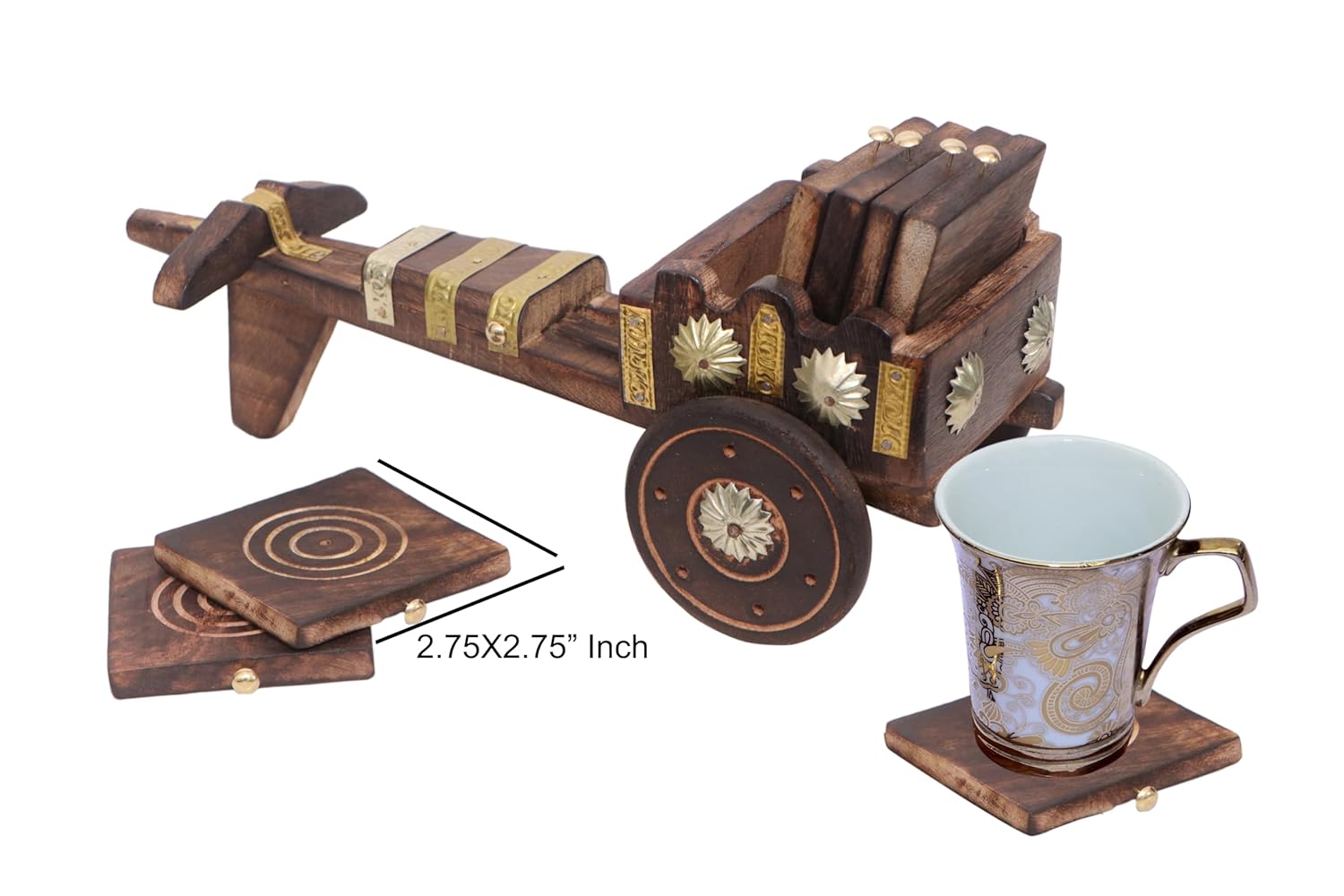 INUS Bullcart Design Coasters Set of 6 for Tea Cups Coffee Mugs Beer Cans Bar Tumblers and Water Glasses, Diwali Gift (Authentic Handmade) - Mango Wood