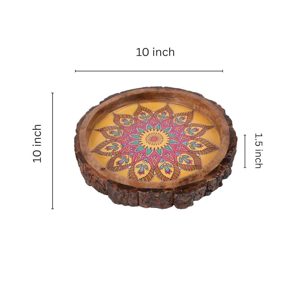 INUS Handcrafted Resin Wooden Enamel Coated Mango Wood Serving Tray - Round Wooden Yellow Mandala Design Natural Wood Decorative, Multipurpose Food Tray for Kitchen & Dining - 10 x 10x 1.5 Inch