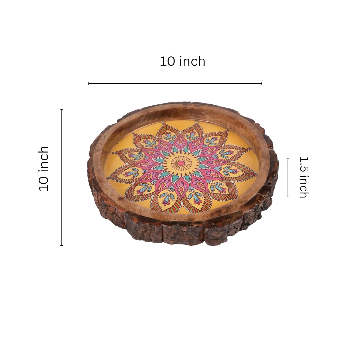INUS Handcrafted Resin Wooden Enamel Coated Mango Wood Serving Tray - Round Wooden Yellow Mandala Design Natural Wood Decorative, Multipurpose Food Tray for Kitchen & Dining - 10 x 10x 1.5 Inch