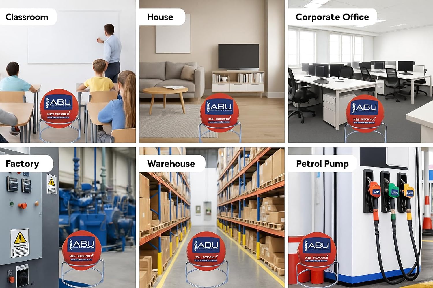 INUS Abu Fire Extinguisher Ball Standard Size - (152 mm Diameter), (with Steel Stand), Fire Safety Effective Ball for Office, School, Warehouse, Home (12)