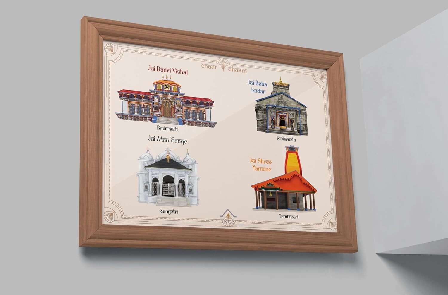 INUS Chaar Dhaam Wall Art Frame   Badrinath, Kedarnath, Gangotri, Yamunotri Temples | Digitally Hand-Drawn | Printed on Canvas  Spiritual Gift & Home Decor