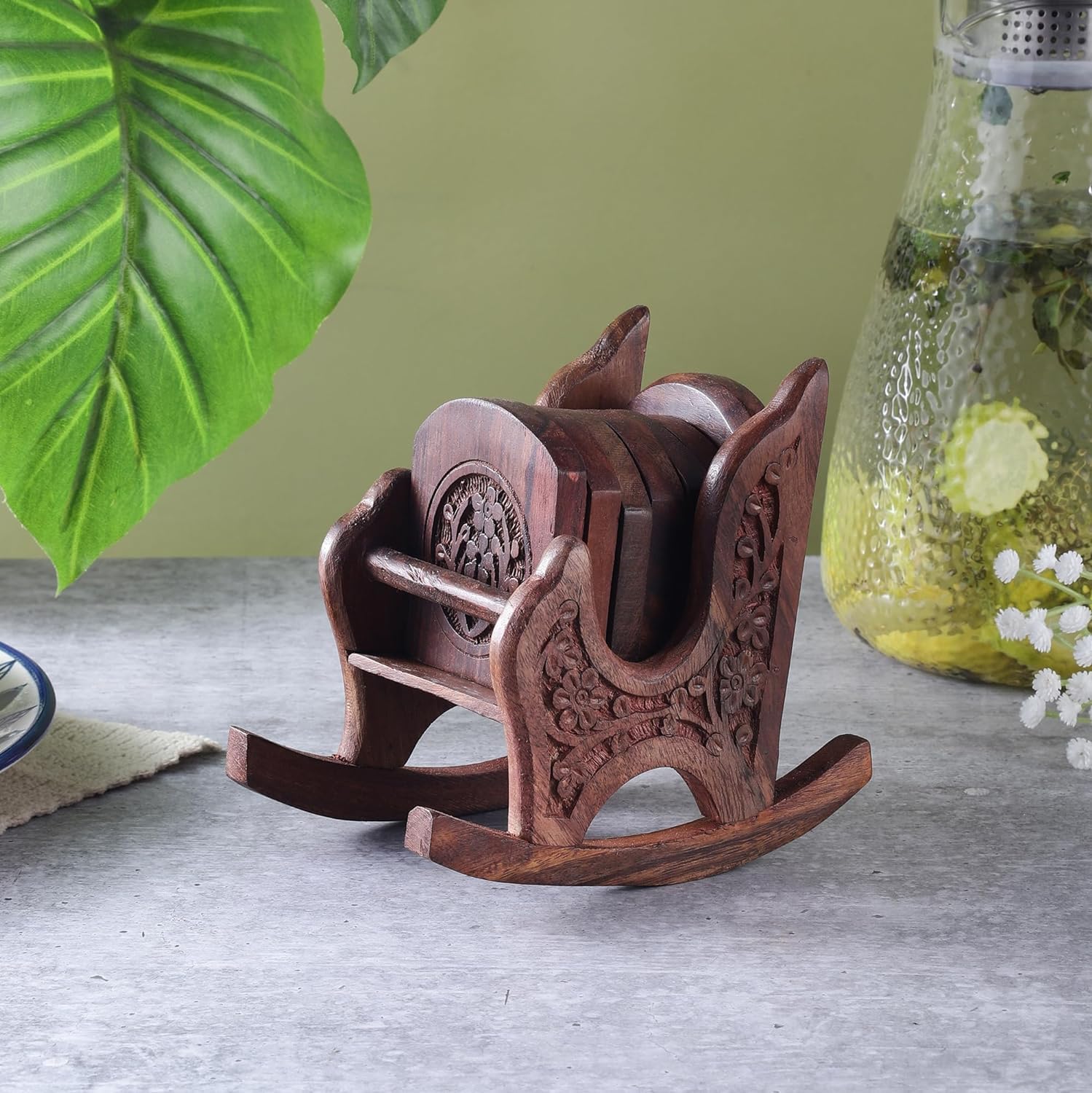 INUS Antique Chair Design Coasters Set of 6 for Tea Cups Coffee Mugs Beer Cans Bar Tumblers and Water Glasses (Authentic Handmade) - Sheesham Wood
