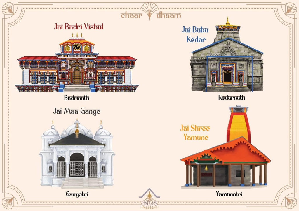 INUS Chaar Dhaam Wall Art Frame   Badrinath, Kedarnath, Gangotri, Yamunotri Temples | Digitally Hand-Drawn | Printed on Canvas  Spiritual Gift & Home Decor