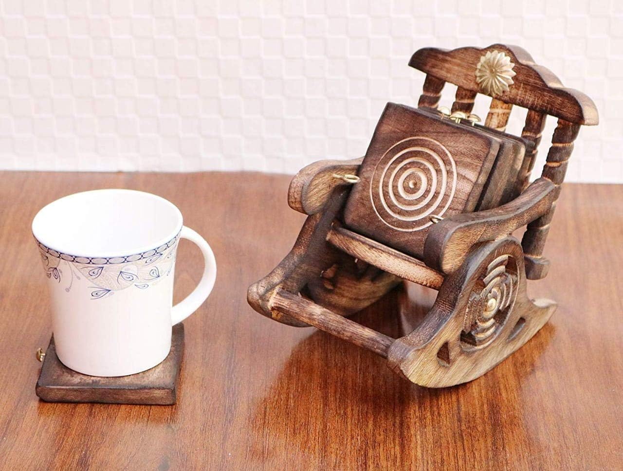 Chair Design Coasters Set of 6 for Tea Cups Coffee Mugs Beer Cans Bar Tumblers and Water Glasses, Diwali Gift (Authentic Handmade) - Mango Wood